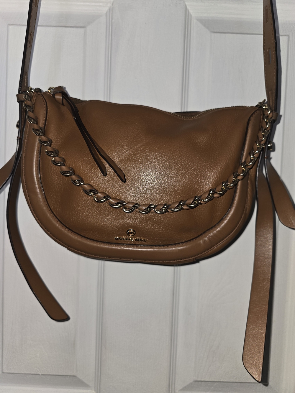 Michael Kors Brown Pebble Leather Chain-Trim Crossbody Bag